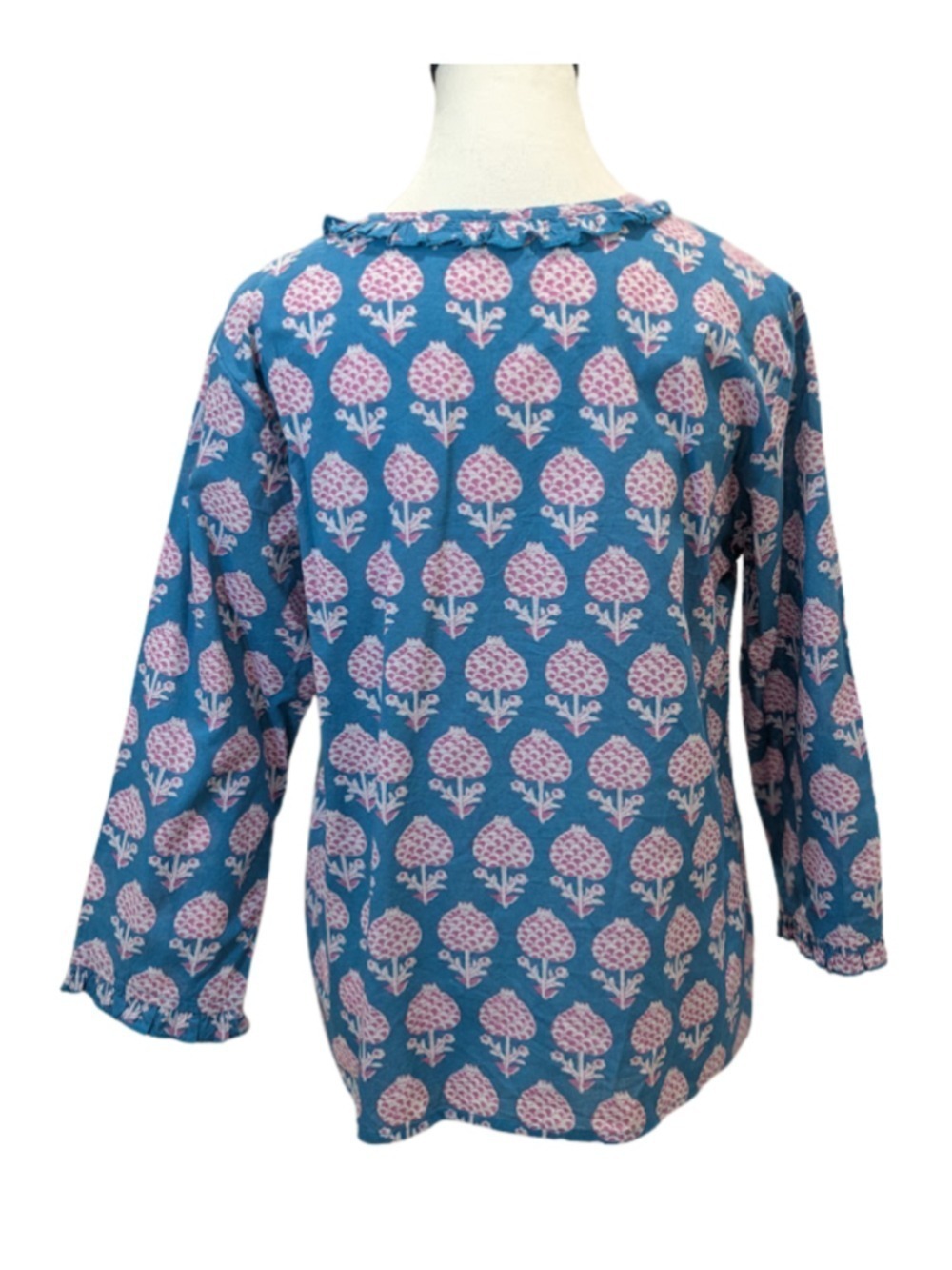 Pomegranate Block Print Boho Cottagecore Cotton Blouse Turquoise Pink Artisan To - Picture 3 of 13